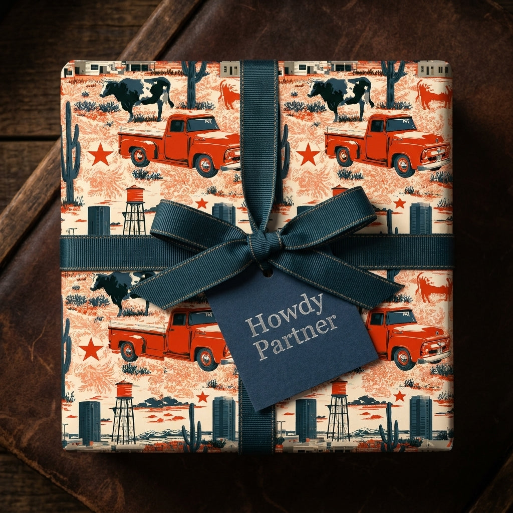 Rustic cowboy wrapping paper with red trucks and cows, tied with a blue bow by Wrapped Studios.