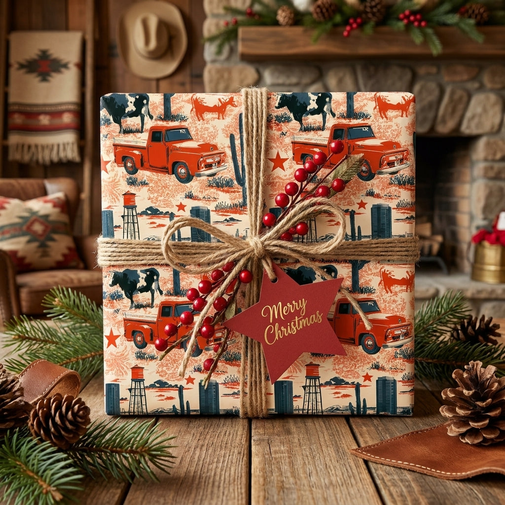 Rustic western Christmas wrapping paper with vintage red trucks and cows, by Wrapped Studios.