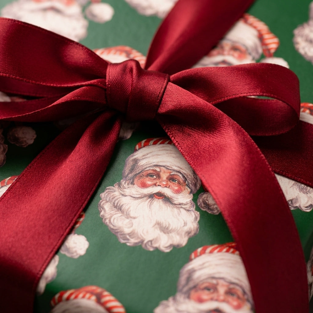Vintage Santa Christmas gift wrap with a red satin ribbon bow on a green gift box, by Wrapped Studios.