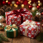 Red vintage Santa Christmas gift wrap on presents with luxury ribbons by Wrapped Studios.