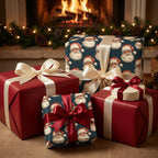 Vintage Santa luxury Christmas wrapping paper on navy blue and red gifts by a fireplace. Wrapped Studios.