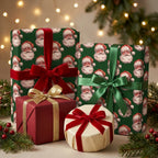 Vintage Santa Christmas wrapping paper with red and green bows on holiday gifts by Wrapped Studios.