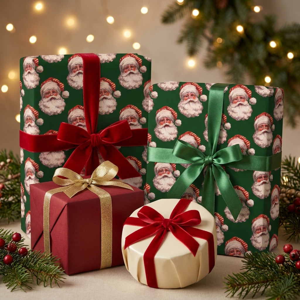 Vintage Santa Christmas wrapping paper with red and green bows on holiday gifts by Wrapped Studios.