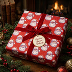 Vintage Santa Christmas wrapping paper with a red velvet ribbon by Wrapped Studios, next to a fireplace.