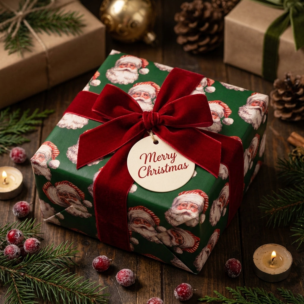 Vintage Santa Claus Christmas gift wrap with a red velvet bow on a holiday box by Wrapped Studios.