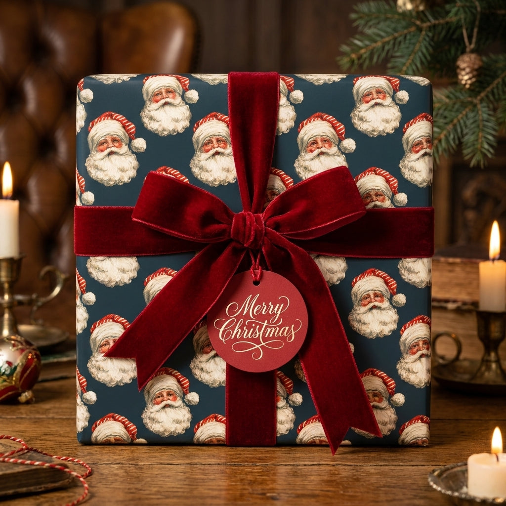 Navy vintage Santa Christmas wrapping paper with a red velvet bow by Wrapped Studios.