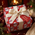 Vintage Santa Claus Christmas wrapping paper with cream ribbon and tag by Wrapped Studios.