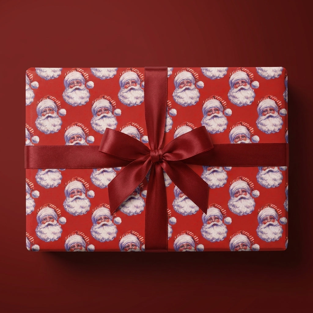 Vintage Santa Claus Christmas wrapping paper with a red satin bow by Wrapped Studios.
