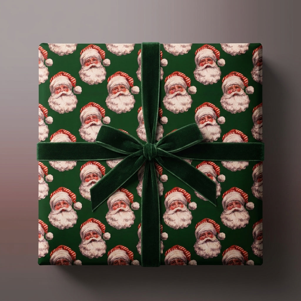 Green vintage Santa Christmas wrapping paper with a velvet ribbon bow by Wrapped Studios.