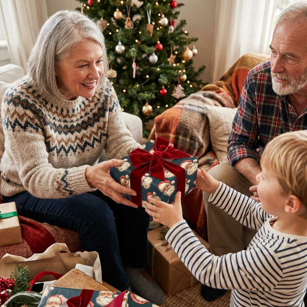 Grandmother giving a gift in vintage Santa Christmas wrapping paper with red bow by Wrapped Studios.