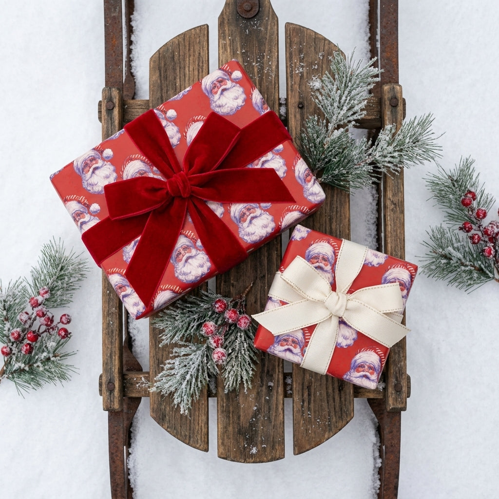 Vintage Santa Christmas wrapping paper by Wrapped Studios on gifts with bows on a wooden sled in snow.