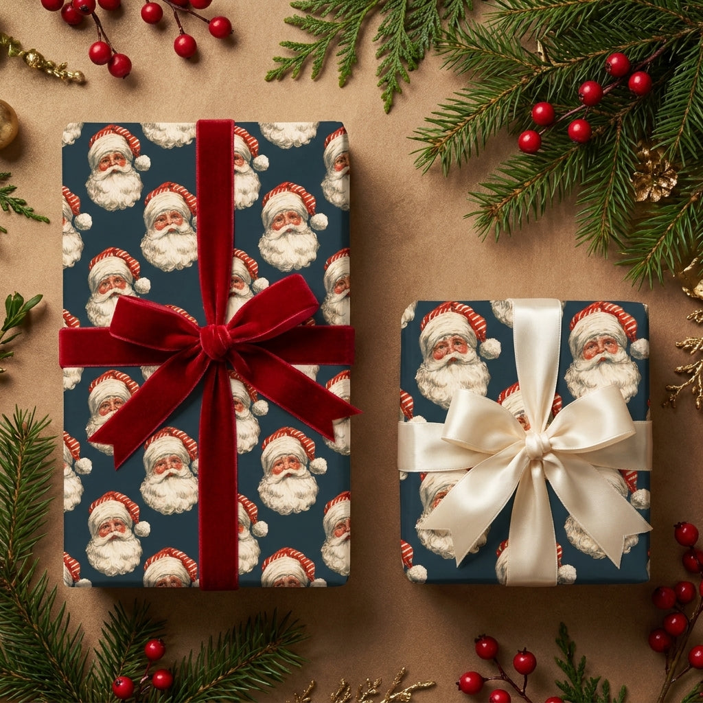 Vintage Santa Christmas wrapping paper by Wrapped Studios with luxury red velvet and cream bows.