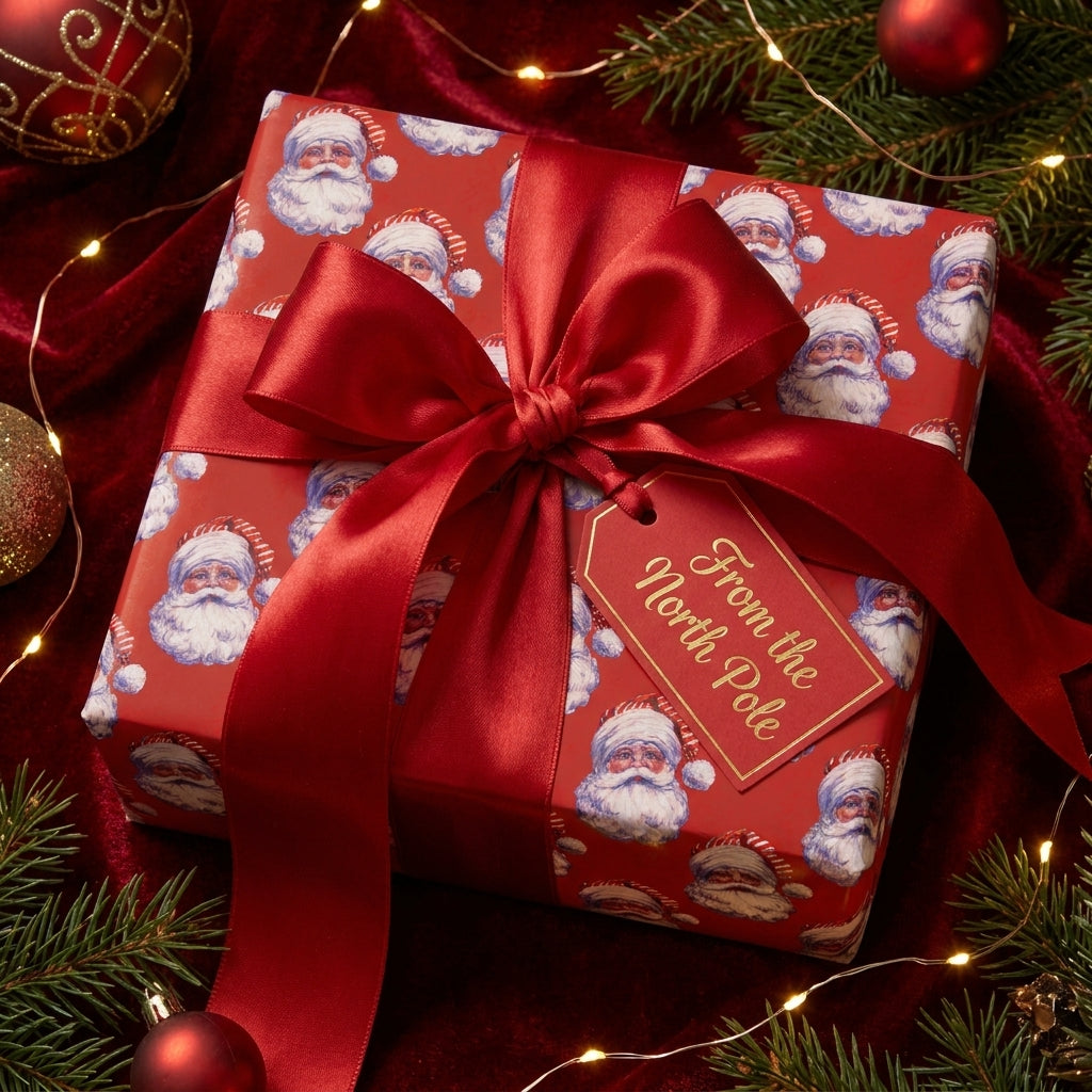 Vintage Santa Christmas wrapping paper with a luxury red satin bow and gift tag by Wrapped Studios.