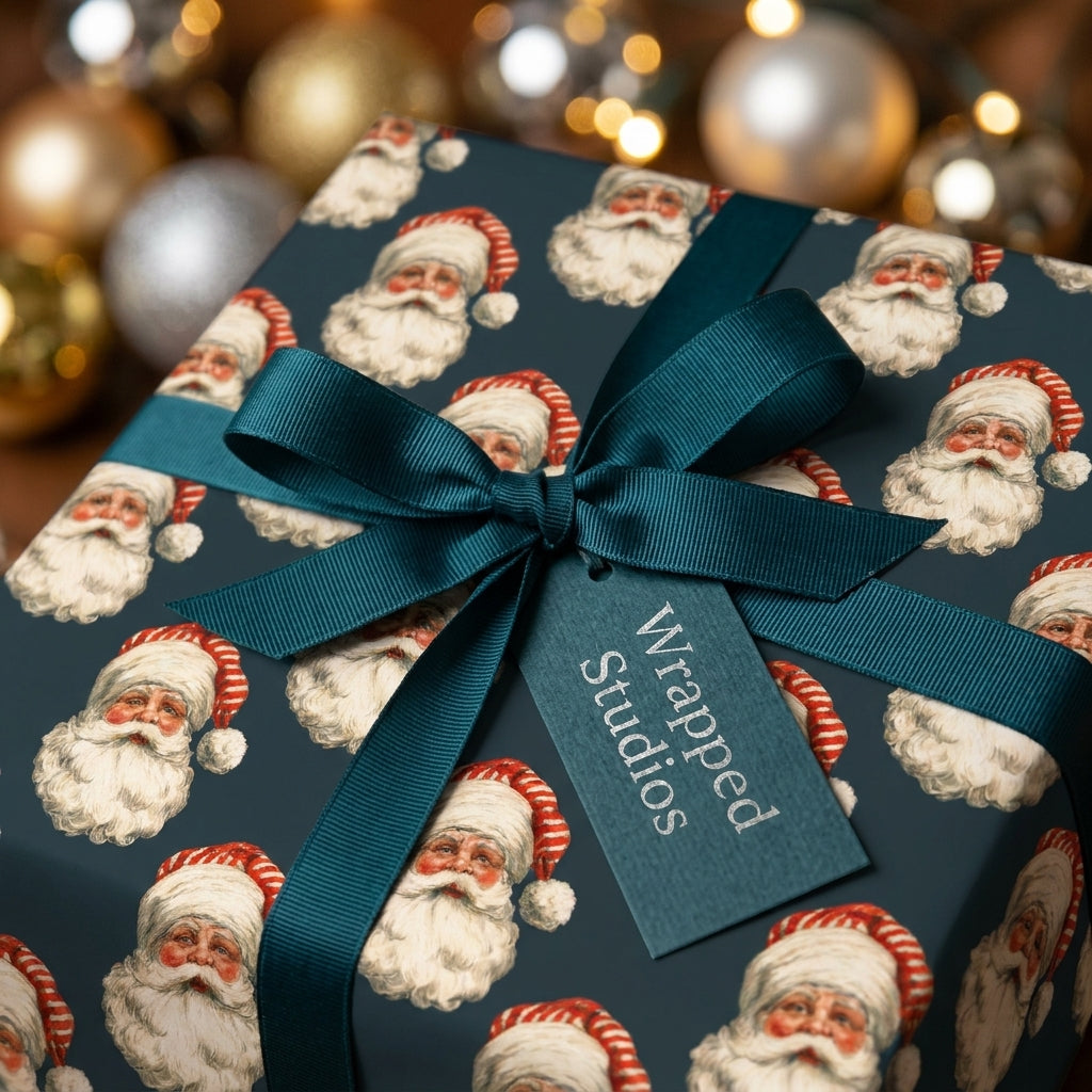 Vintage Santa Claus Christmas wrapping paper from Wrapped Studios, tied with a luxury teal ribbon.