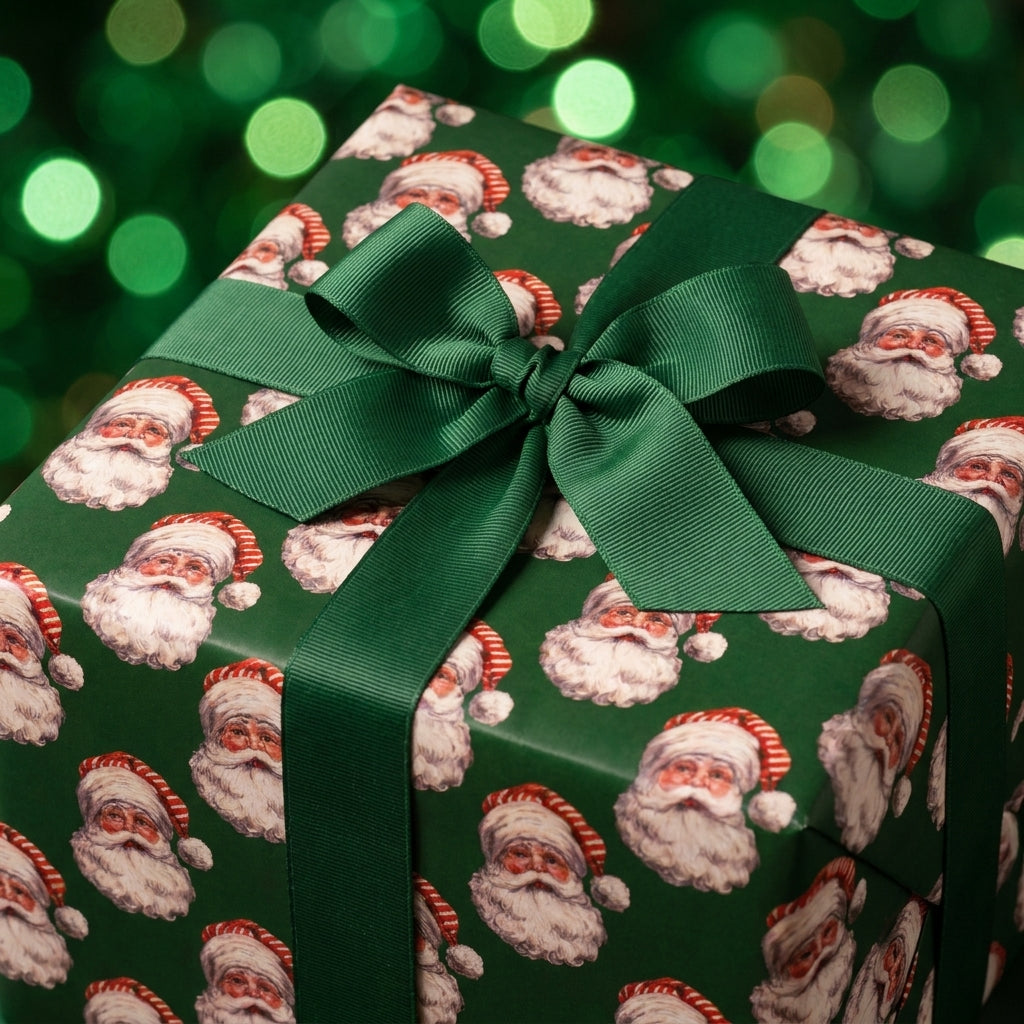 Vintage Santa Claus Christmas wrapping paper with a dark green bow by Wrapped Studios.