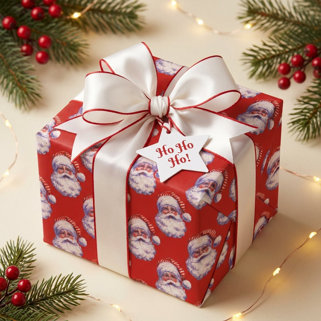 Red vintage Santa Christmas wrapping paper by Wrapped Studios on a gift box with a white bow.