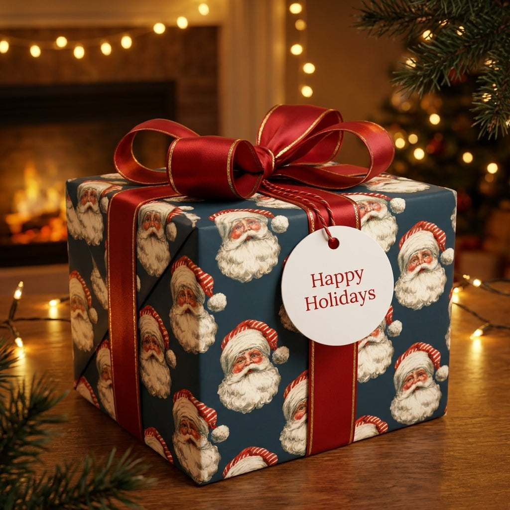 Vintage Santa Claus Christmas wrapping paper with red ribbon by Wrapped Studios in a cozy holiday fireplace setting.