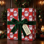 Vintage Santa Christmas wrapping paper with luxury green velvet bow by Wrapped Studios.