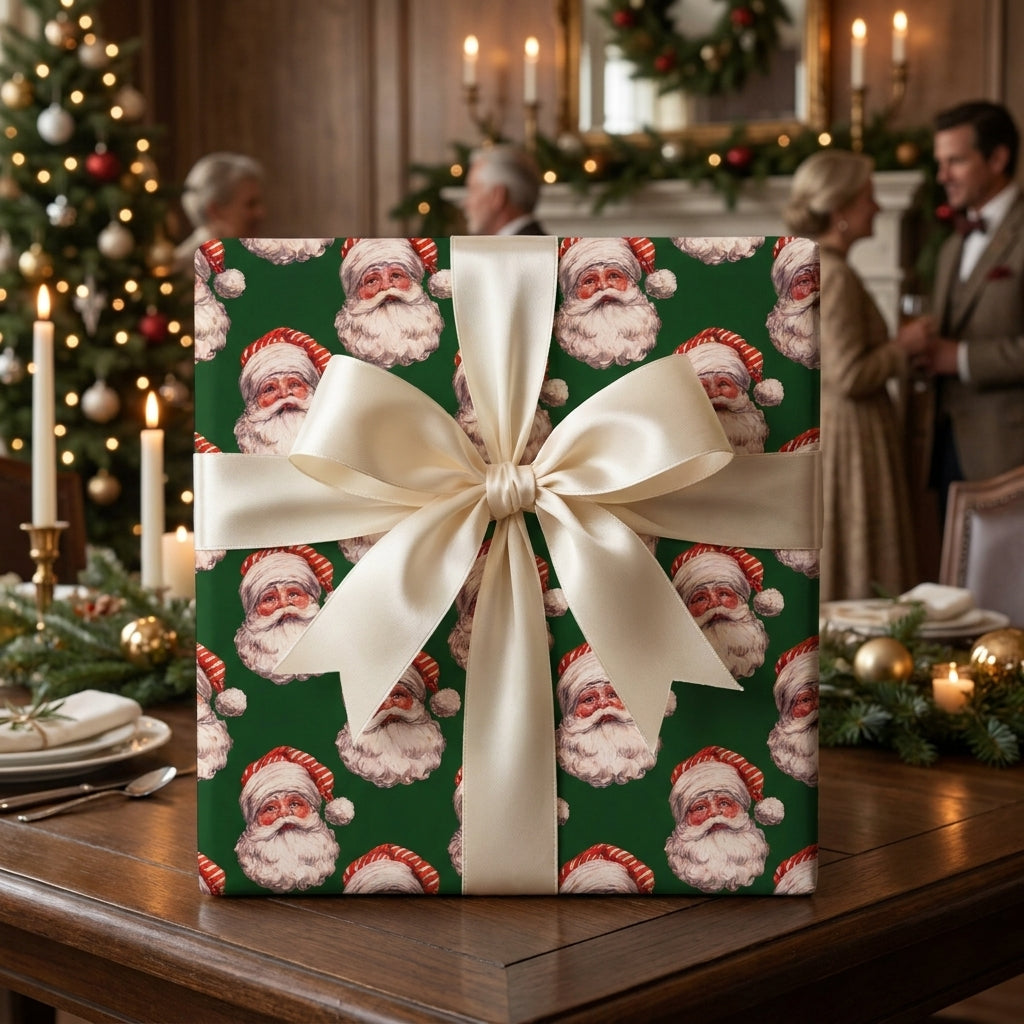 Vintage green Santa Claus Christmas wrapping paper with a luxury cream bow by Wrapped Studios.