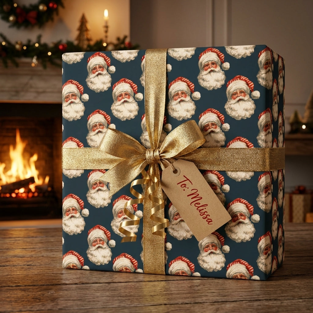 Vintage Santa Christmas gift wrap by Wrapped Studios on a present with a gold ribbon, by a cozy fireplace.