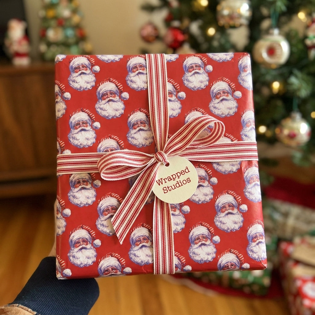 Vintage Santa Christmas wrapping paper with striped ribbon, by Wrapped Studios.