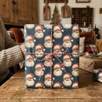Vintage Santa Christmas wrapping paper in blue, tied with red baker's twine by Wrapped Studios.