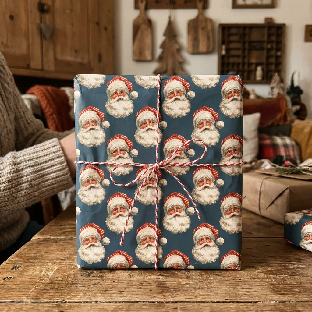 Vintage Santa Christmas wrapping paper in blue, tied with red baker's twine by Wrapped Studios.