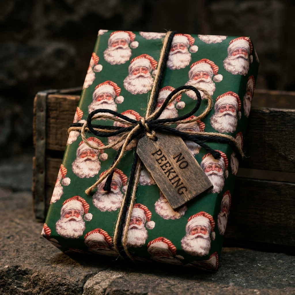 Vintage Santa Christmas wrapping paper by Wrapped Studios, tied with rustic twine and a wooden no peeking tag.