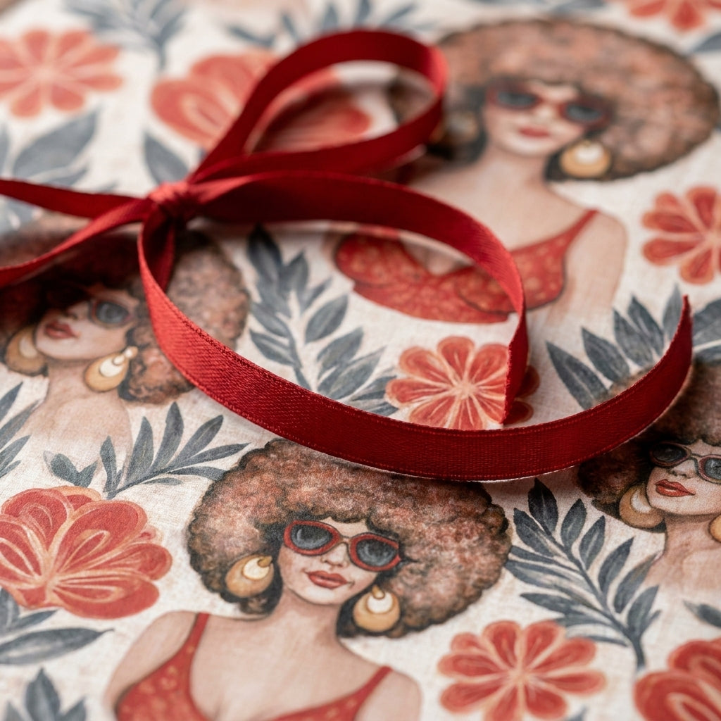 Retro floral wrapping paper featuring women with afros and a red satin ribbon by Wrapped Studios.