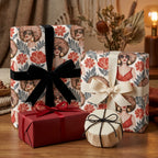 Retro illustrated wrapping paper with afro art and red floral patterns on gifts by Wrapped Studios.