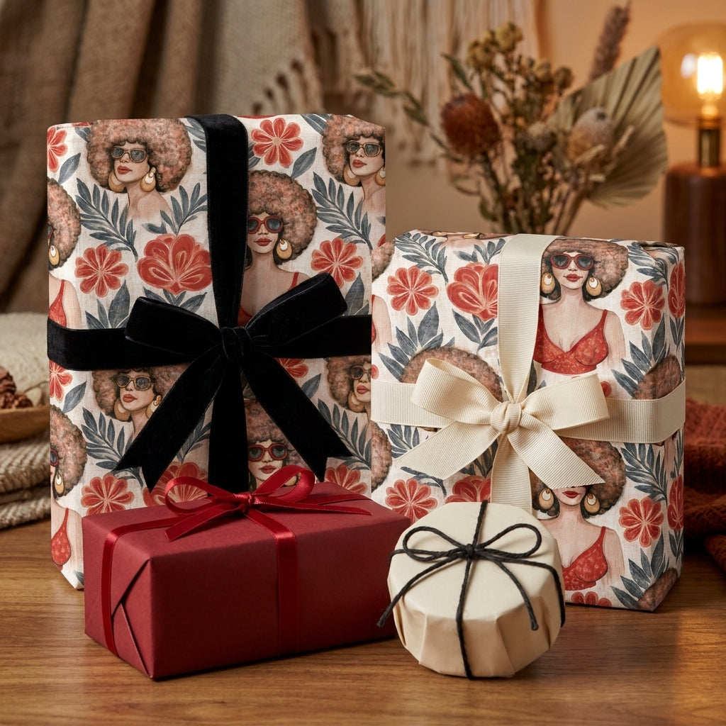 Retro illustrated wrapping paper with afro art and red floral patterns on gifts by Wrapped Studios.