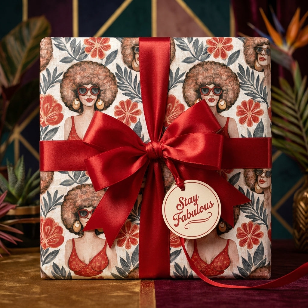 Retro Black woman luxury wrapping paper with a red bow and "Stay Fabulous" tag by Wrapped Studios.