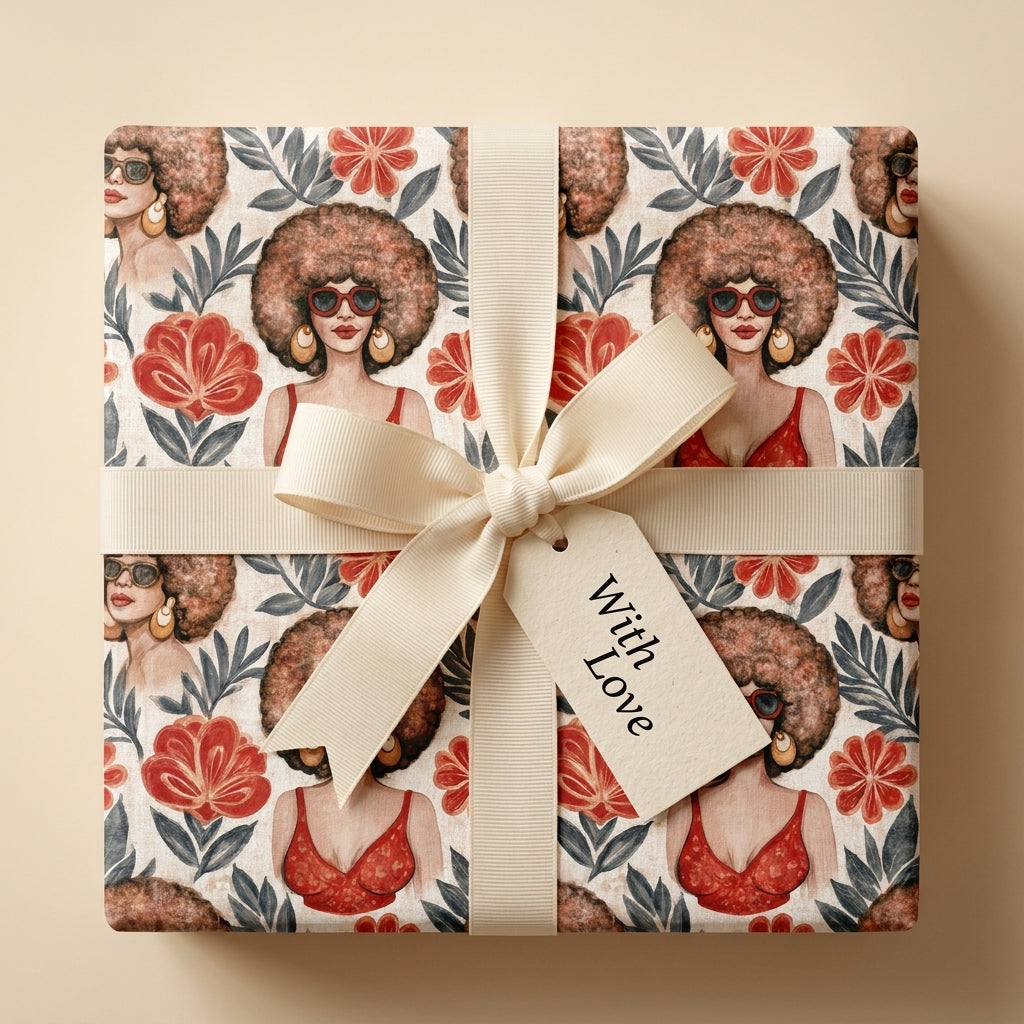 Retro floral wrapping paper featuring illustrated Black women and a cream bow by Wrapped Studios.