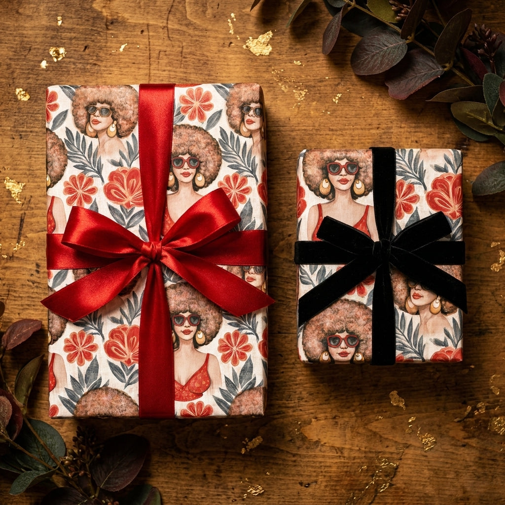 Retro portrait wrapping paper with red and black bows on a wood background by Wrapped Studios.