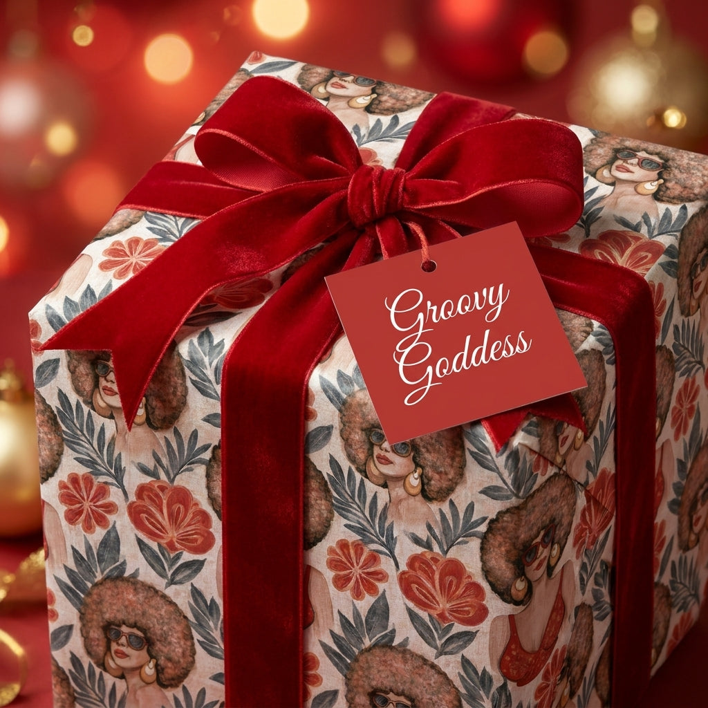 Retro Christmas wrapping paper with Black women illustrations and a red velvet bow by Wrapped Studios.
