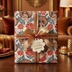 Luxury floral wrapping paper with Black women, gold ribbon, and birthday tag by Wrapped Studios.