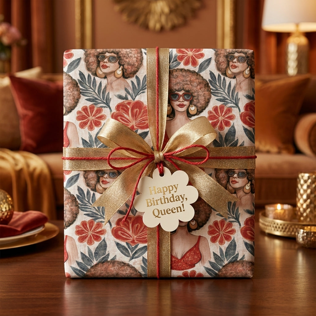 Luxury floral wrapping paper with Black women, gold ribbon, and birthday tag by Wrapped Studios.