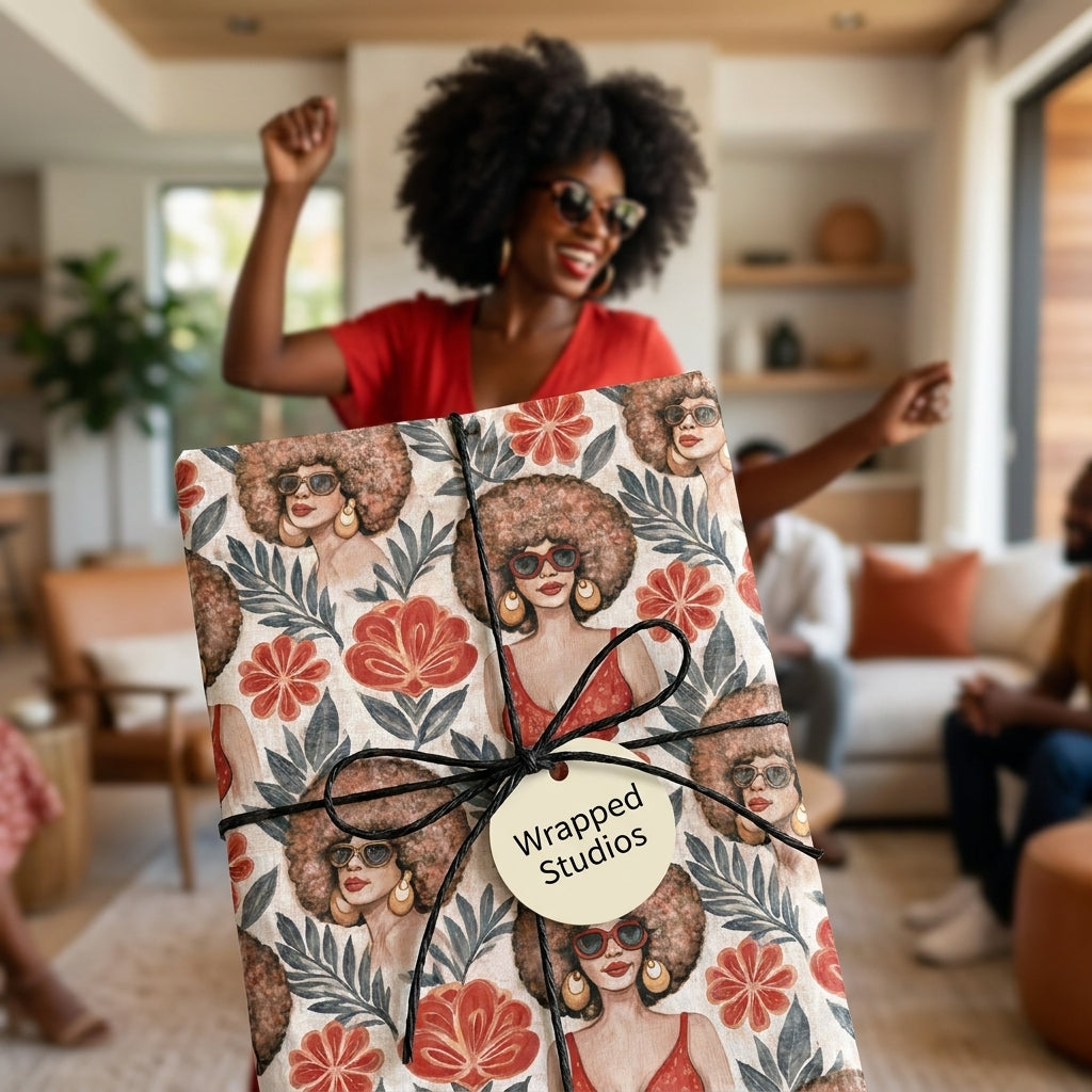 Afrocentric wrapping paper with retro illustrated Black women and flowers by Wrapped Studios.