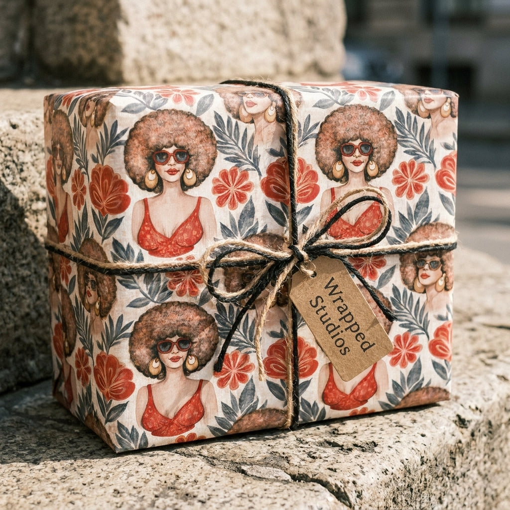 70s retro wrapping paper with Afro illustrations and red flowers on a gift box by Wrapped Studios.