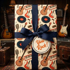 Retro music and guitar wrapping paper with a navy blue ribbon by Wrapped Studios.