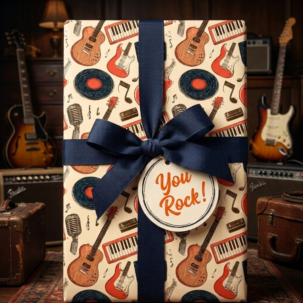 Retro music and guitar wrapping paper with a navy blue ribbon by Wrapped Studios.