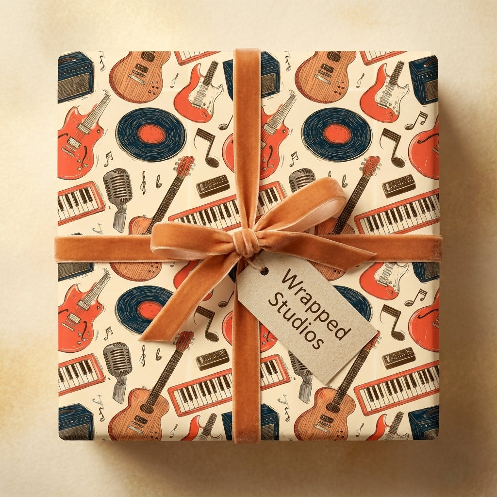 Retro music wrapping paper with guitars and a velvet bow on a gift box by Wrapped Studios.