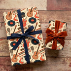 Retro music wrapping paper with guitars and vinyl records on gifts by Wrapped Studios.