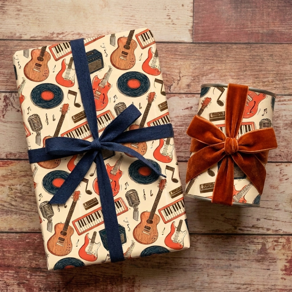 Retro music wrapping paper with guitars and vinyl records on gifts by Wrapped Studios.