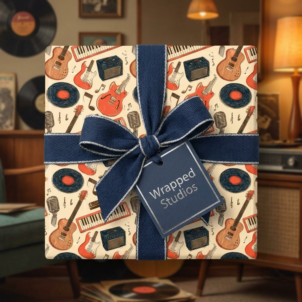 Retro music gift wrap with guitars and vinyl records, tied with a navy blue ribbon by Wrapped Studios.