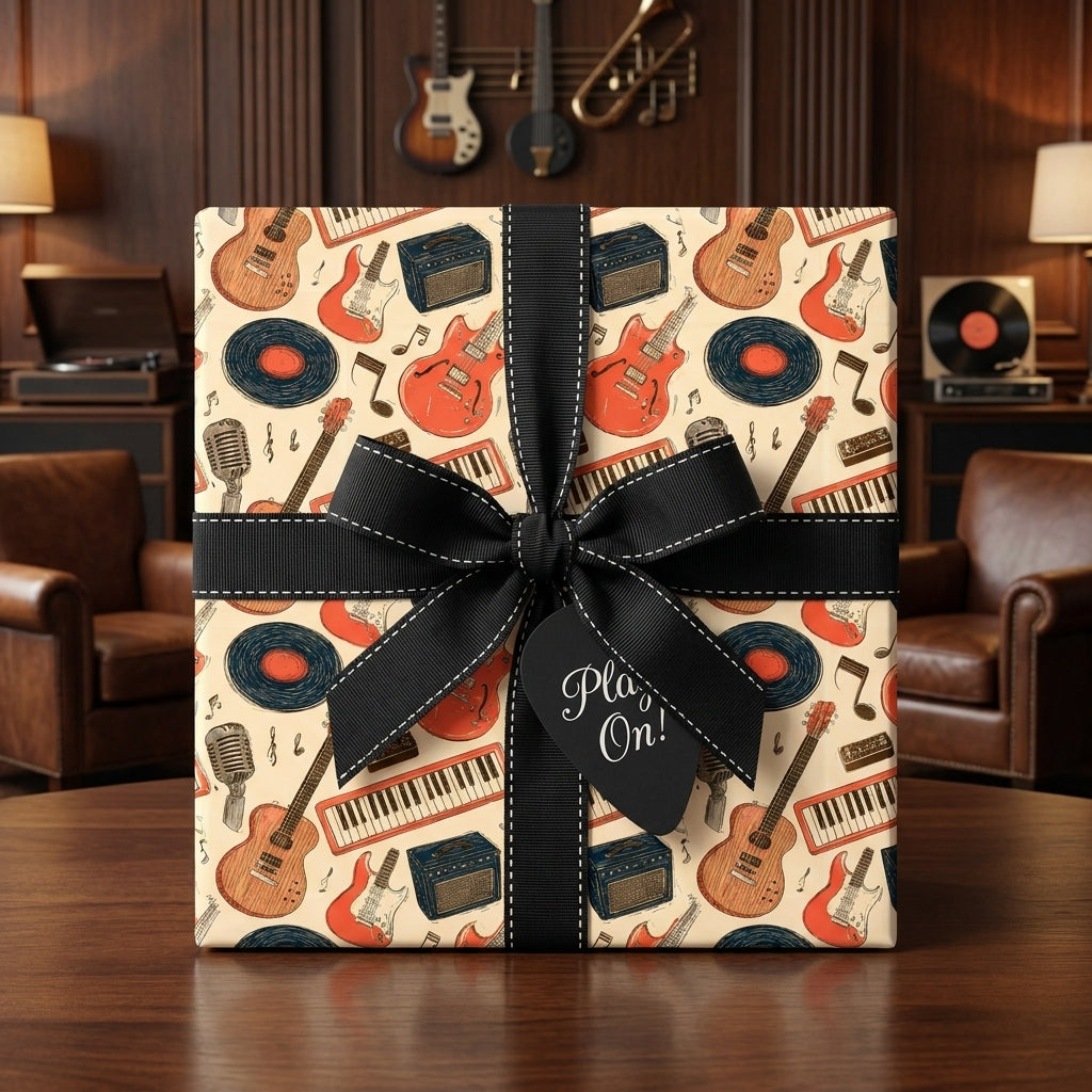 Retro music wrapping paper with guitars and vinyl records, tied with a black bow by Wrapped Studios.