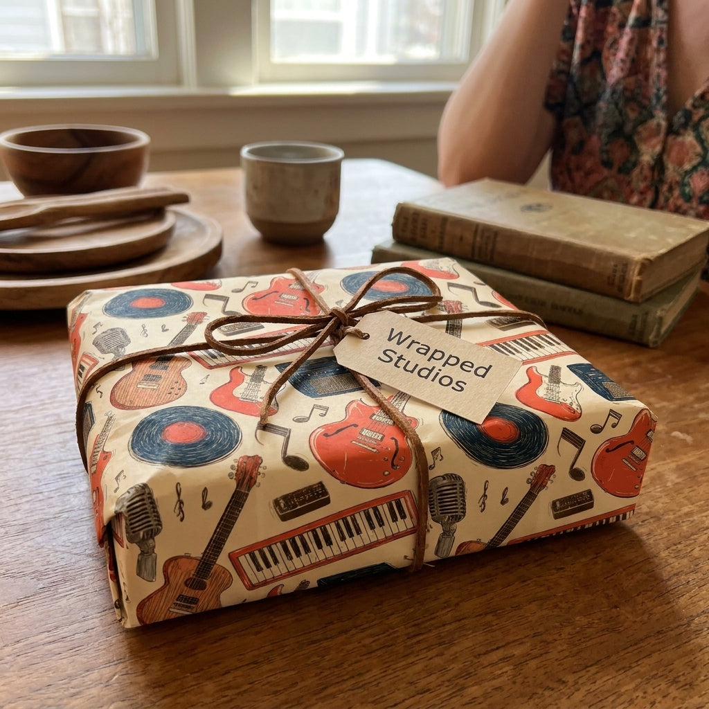 Retro music wrapping paper with guitars and vinyl records by Wrapped Studios on a gift tied with twine.