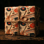 Retro music wrapping paper with guitars and vinyl records on a gift box with twine, by Wrapped Studios.