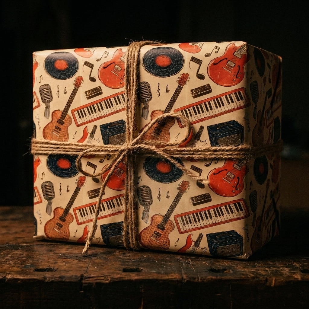 Retro music wrapping paper with guitars and vinyl records on a gift box with twine, by Wrapped Studios.
