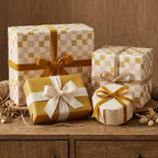 Rustic gift wrapping showing wavy checkered and solid gold paper tied with mustard velvet and cream cotton ribbons on a wooden cabinet.